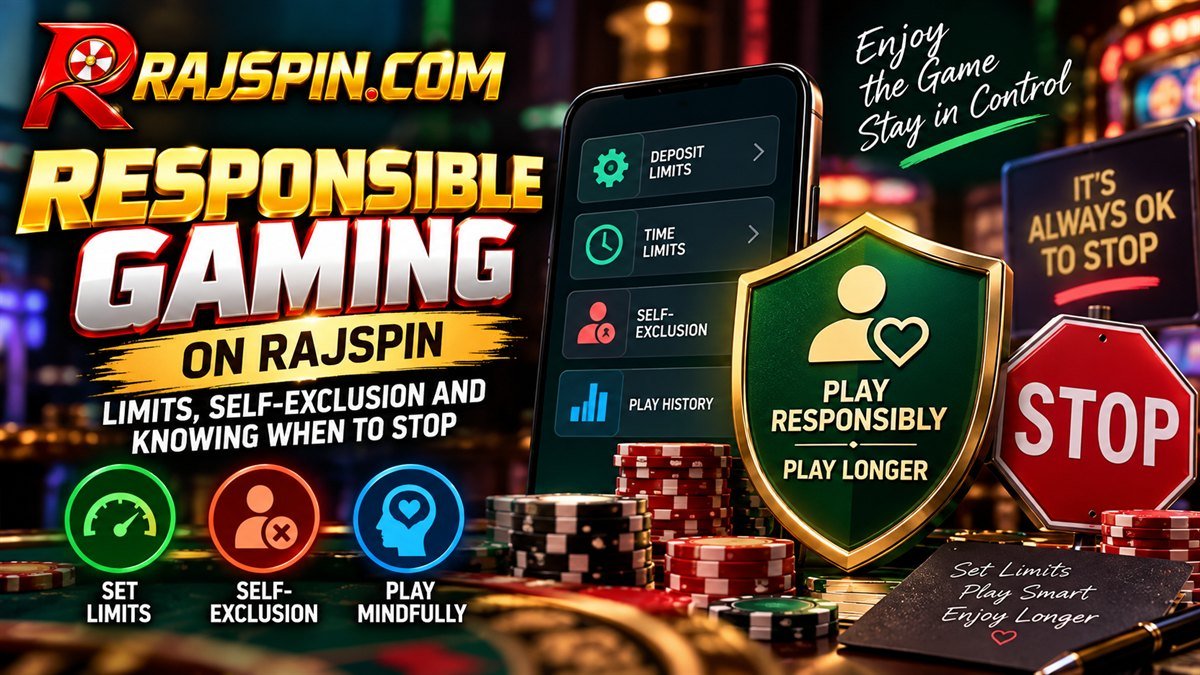 Smartphone showing the Rajspin app's responsible gaming settings with deposit limit and self-exclusion options