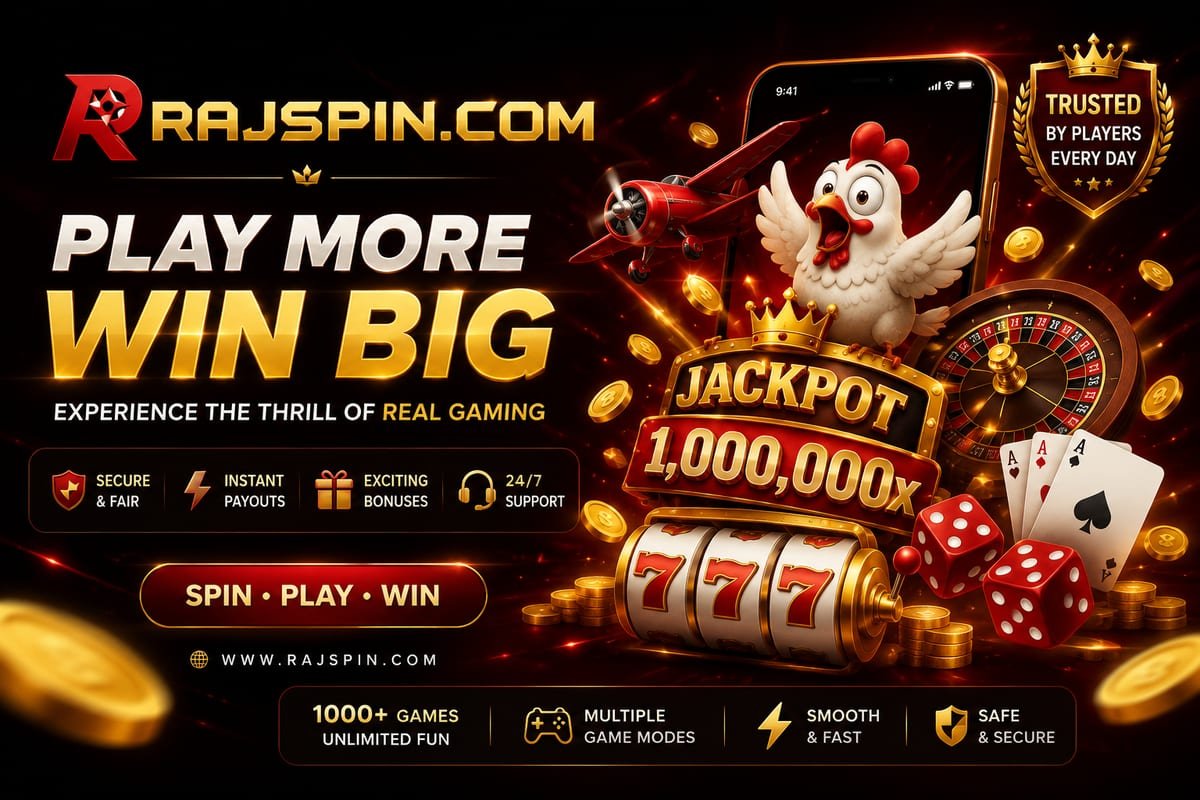 Rajspin Game official banner — play more win big, 1000+ games, jackpot up to 1,000,000x