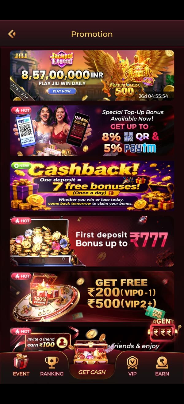 Rajspin game app lobby screen with hot games and categories