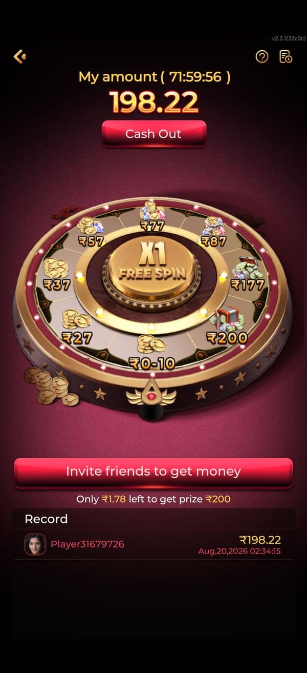 Rajspin app lucky wheel bonus screen with cash out button